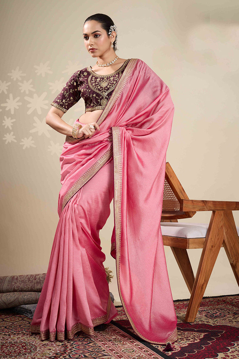Pink Saree Online UK | Georgette Saree with Gold Embroidery RTI