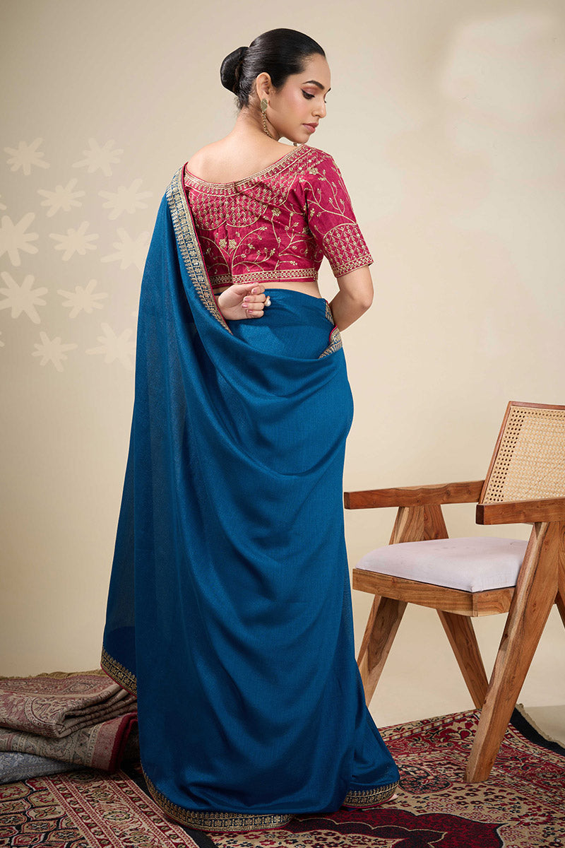 Elegant Blue Saree with Embroidered Golden Border | Shop Online RTI