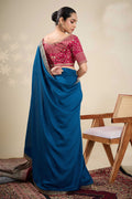Elegant Blue Saree with Embroidered Golden Border | Shop Online RTI