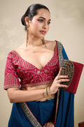 Elegant Blue Saree with Embroidered Golden Border | Shop Online RTI