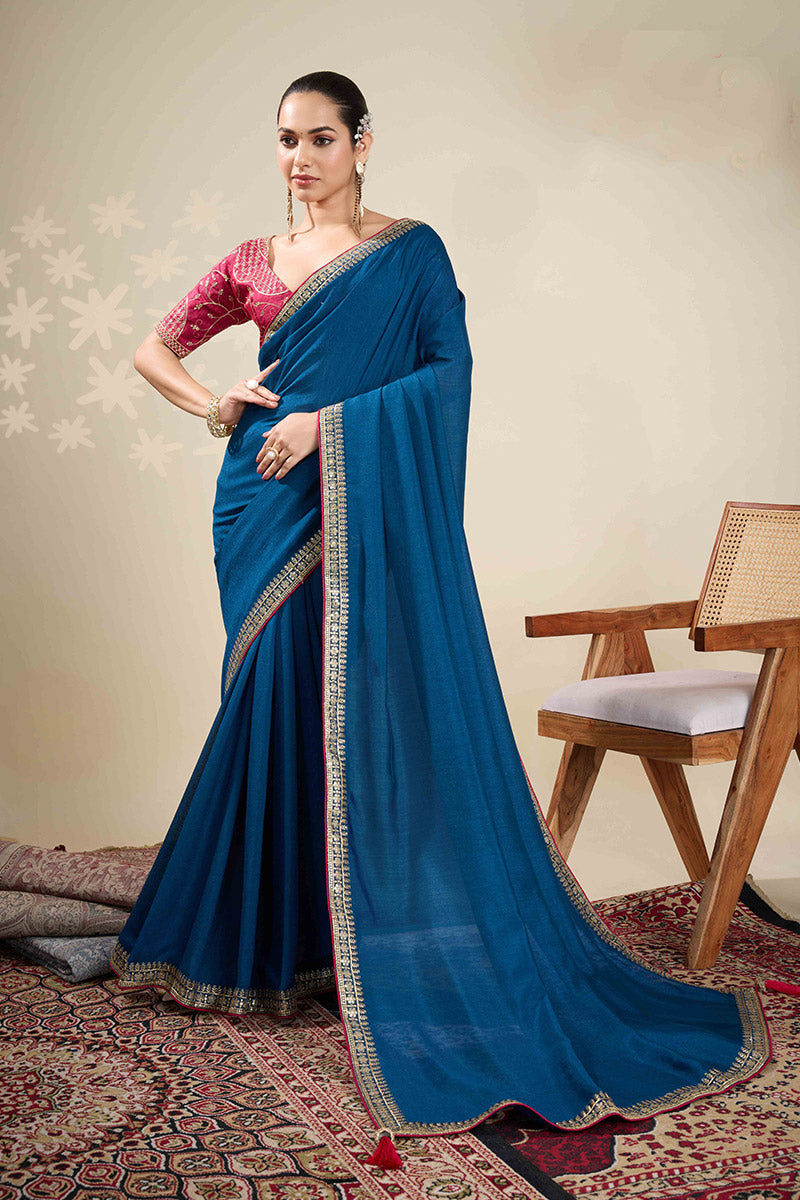 Elegant Blue Saree with Embroidered Golden Border | Shop Online RTI
