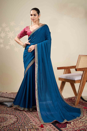 Elegant Blue Saree with Embroidered Golden Border | Shop Online RTI