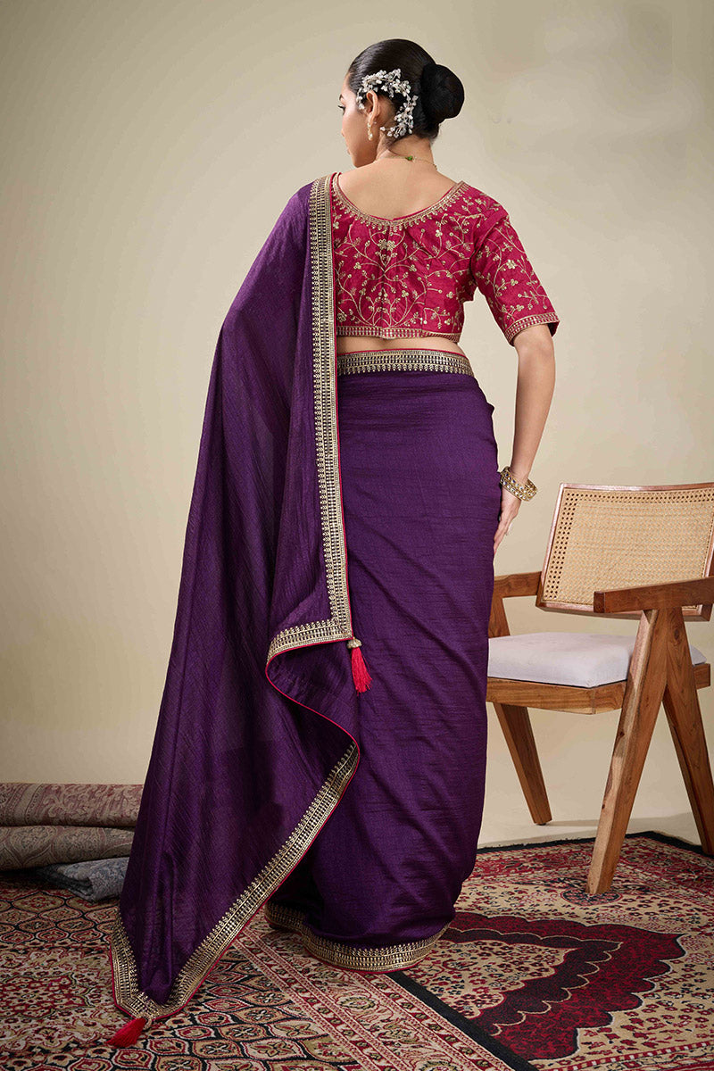 Purple Saree with Embroidered Golden Border | Shop Online RTI