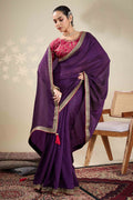 Purple Saree with Embroidered Golden Border | Shop Online RTI