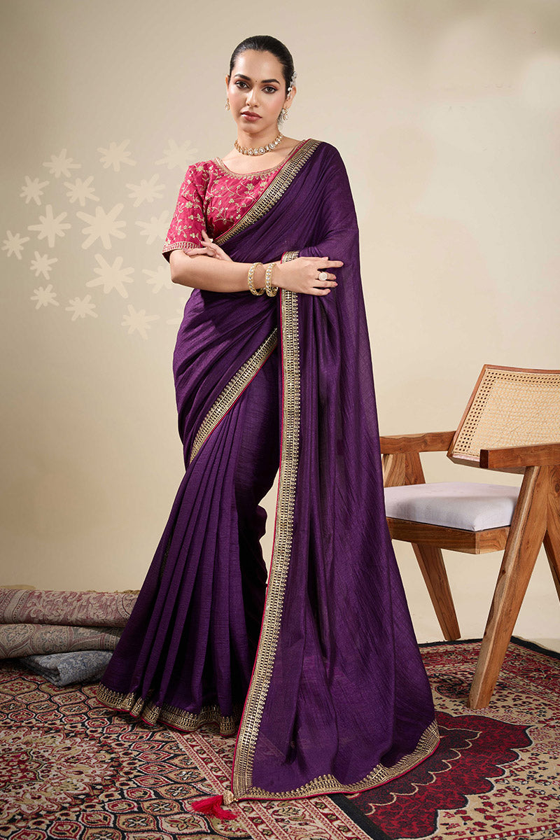 Purple Saree with Embroidered Golden Border | Shop Online RTI