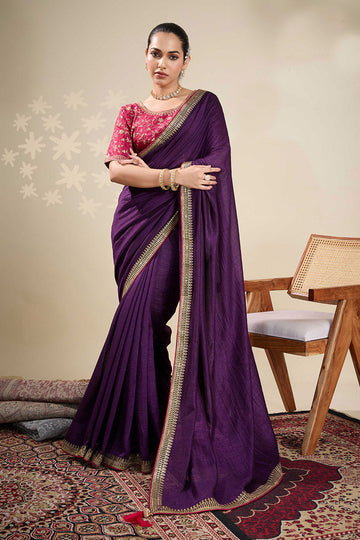 Purple Saree with Embroidered Golden Border | Shop Online RTI
