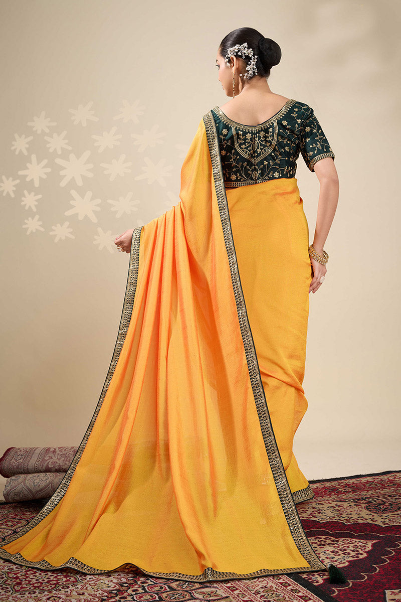 Yellow Saree with Embroidered Golden Border | Shop Online RTI