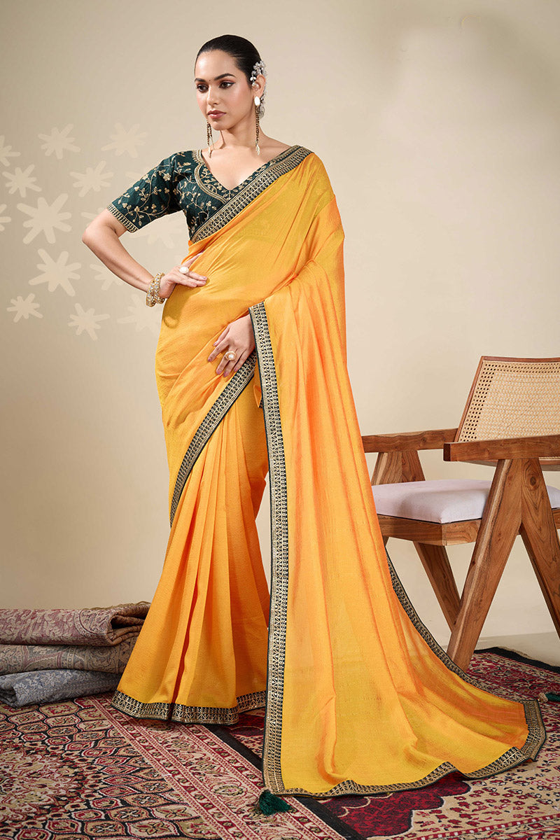 Yellow Saree with Embroidered Golden Border | Shop Online RTI