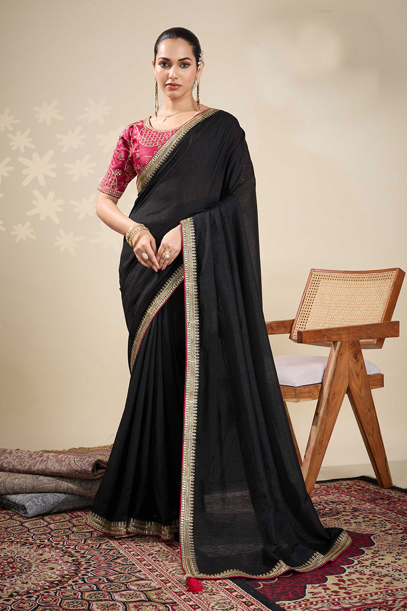 Black Saree with Embroidered Golden Border | Shop Online RTI