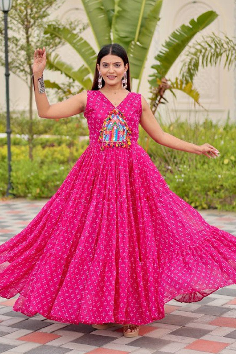 Pink Mirror Embroidered Faux Georgette Maxi Dress RTI