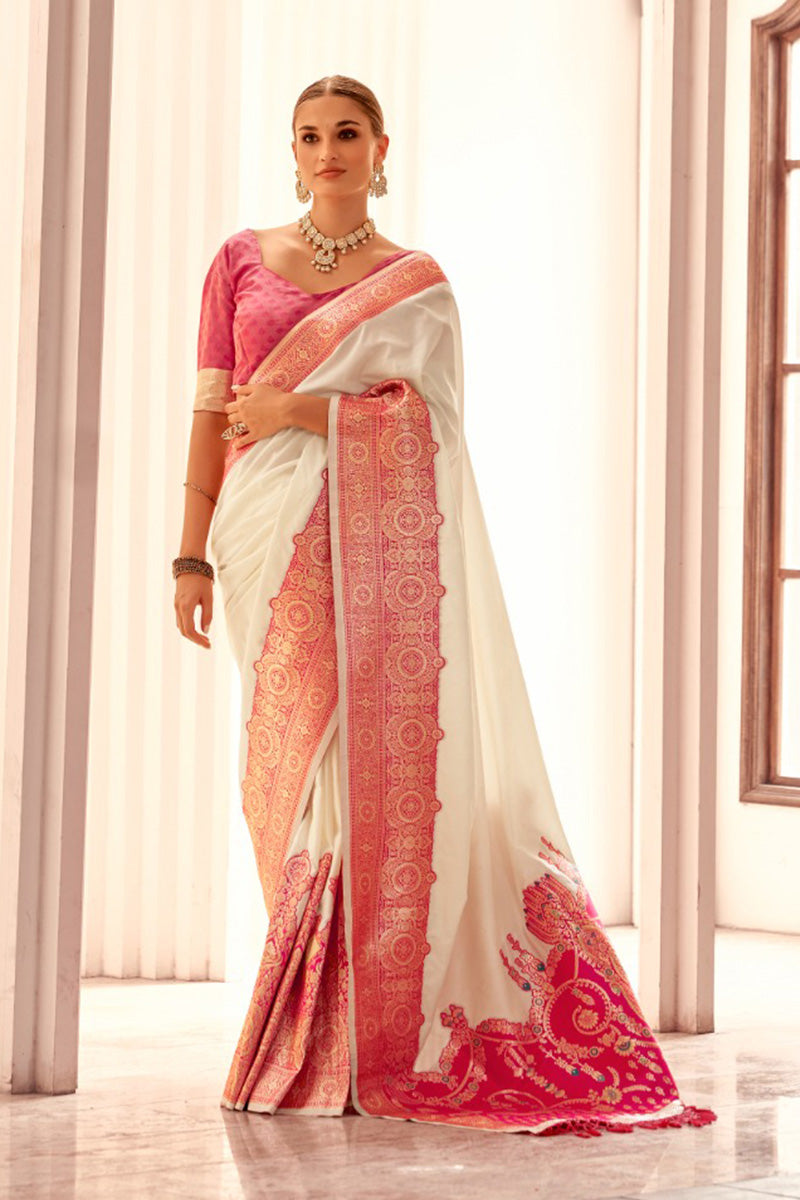 Elegant White and Pink Banarasi Silk Saree with Traditional Motifs RTI