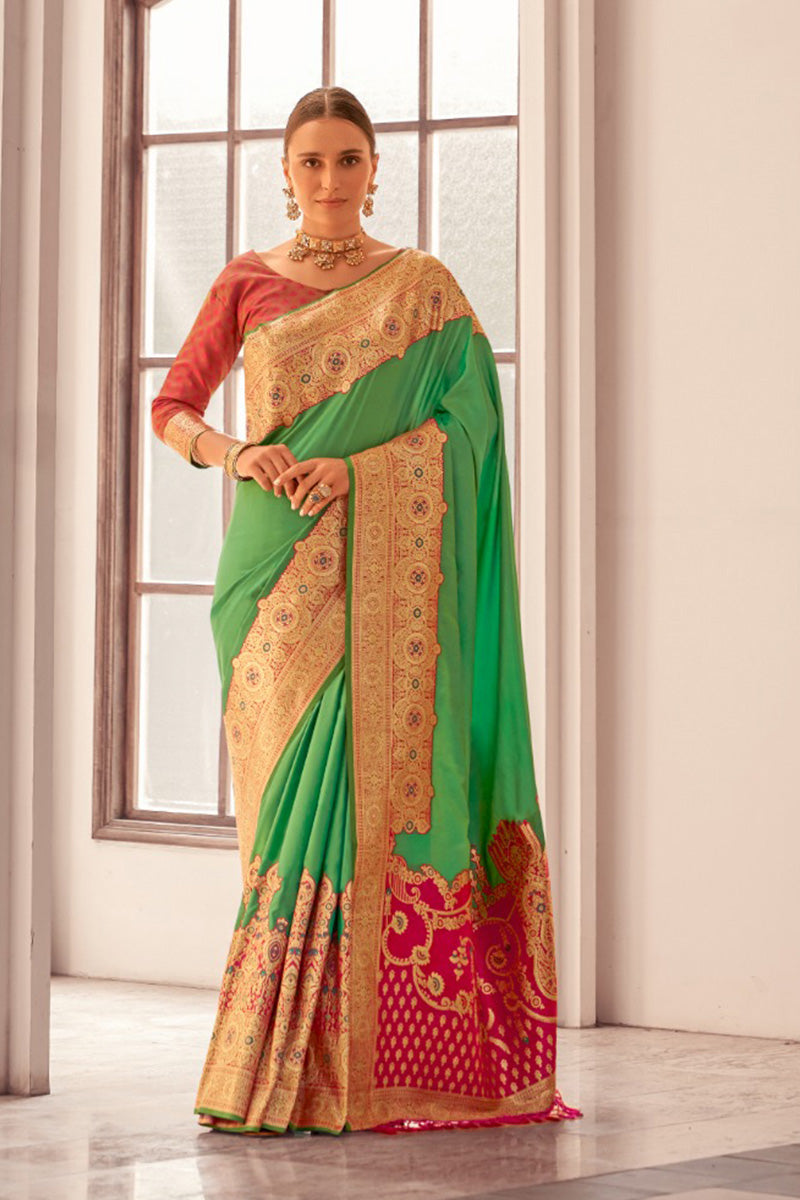 Graceful Green & Pink Premium Soft Silk Saree – Wedding & Party Look RTI