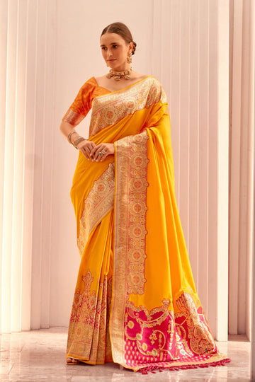 Elegant Banarasi Silk Saree – Yellow & Orange for Celebrations RTI