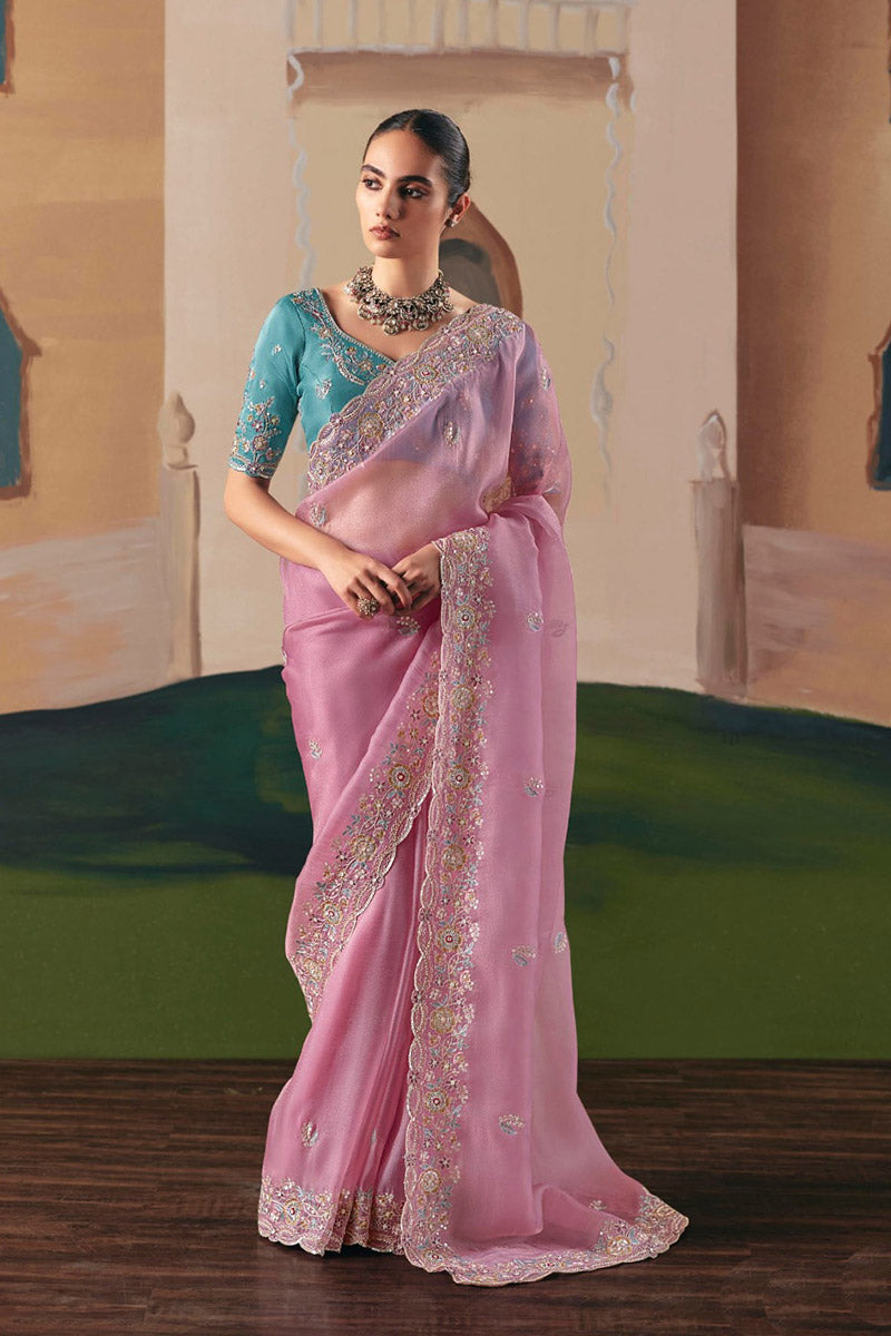 Trendy Pink Organza Saree for Bridesmaids & Special Occasions RTI