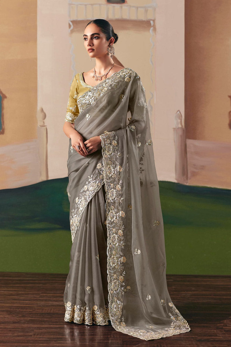 Grey Embroidered Saree with Rich Yellow Blouse – Elegant Party Wear RTI