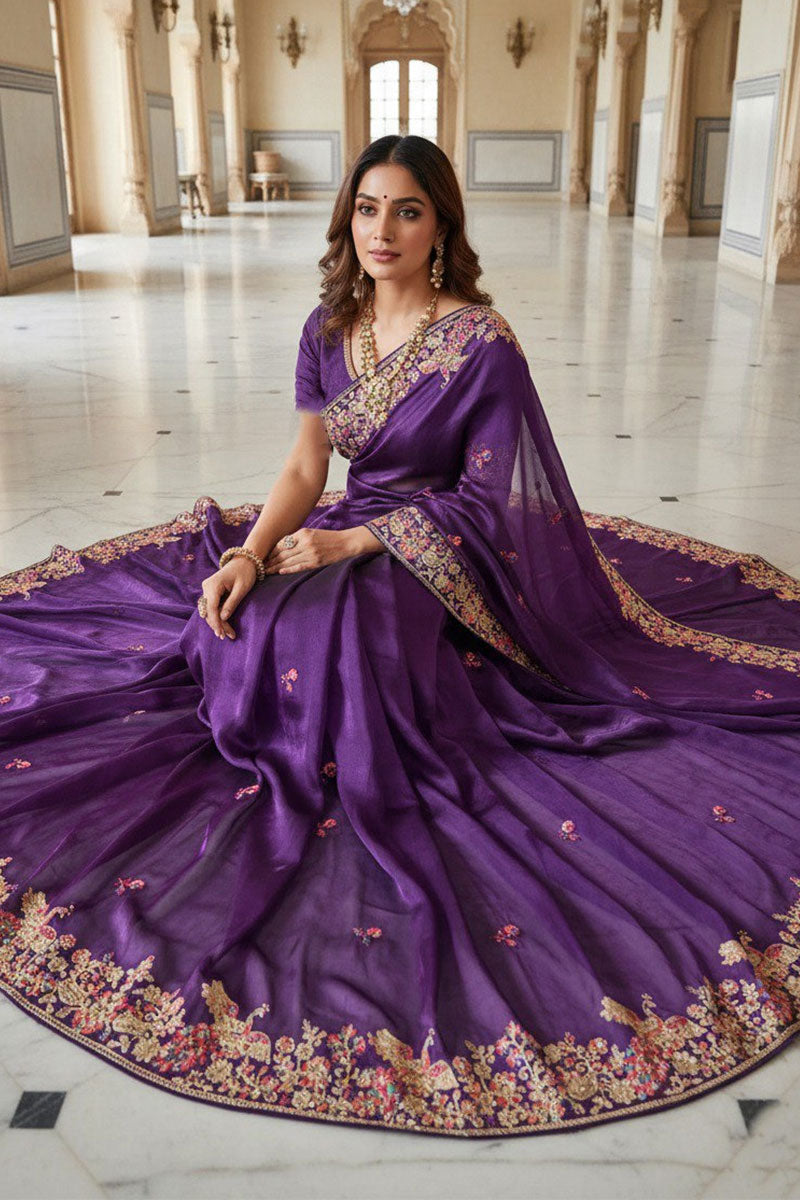Regal Purple Embroidered Saree with Golden Floral Detailing RTI