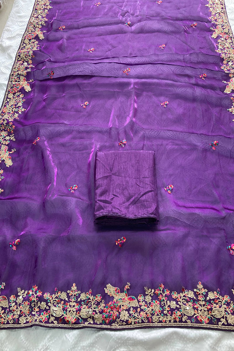 Regal Purple Embroidered Saree with Golden Floral Detailing RTI