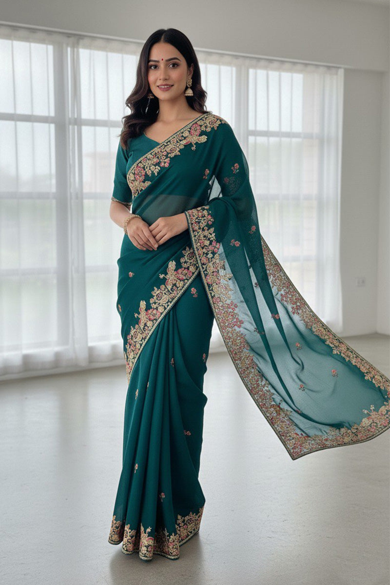 Designer Teal Embroidered Saree with Golden Floral Detailing RTI
