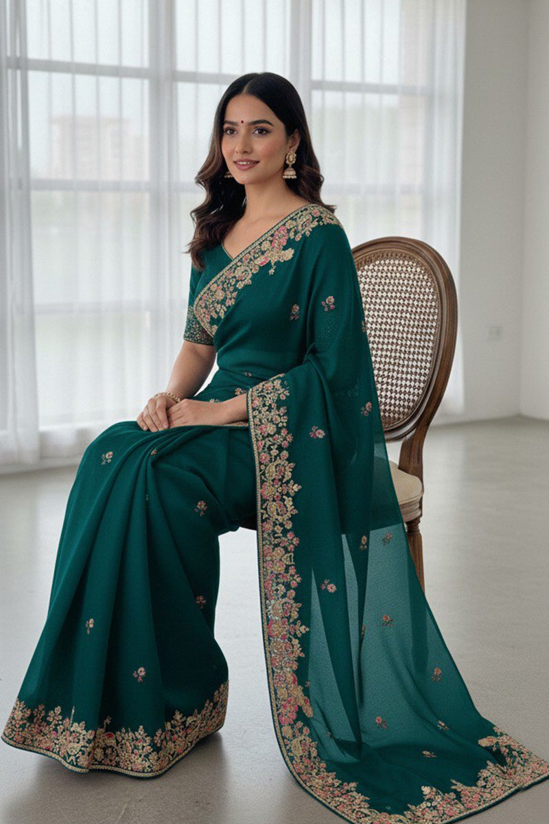 Designer Teal Embroidered Saree with Golden Floral Detailing RTI