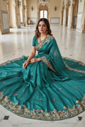Designer Teal Embroidered Saree with Golden Floral Detailing RTI