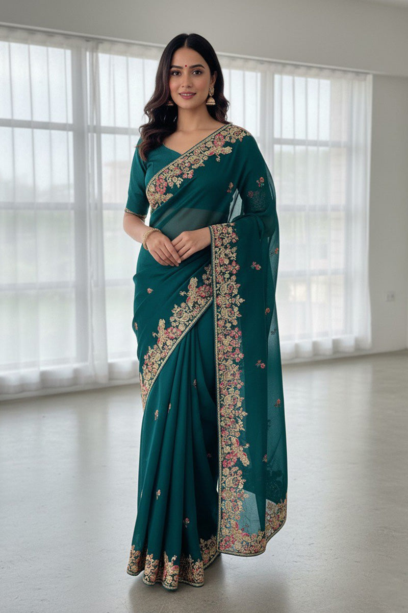 Designer Teal Embroidered Saree with Golden Floral Detailing RTI