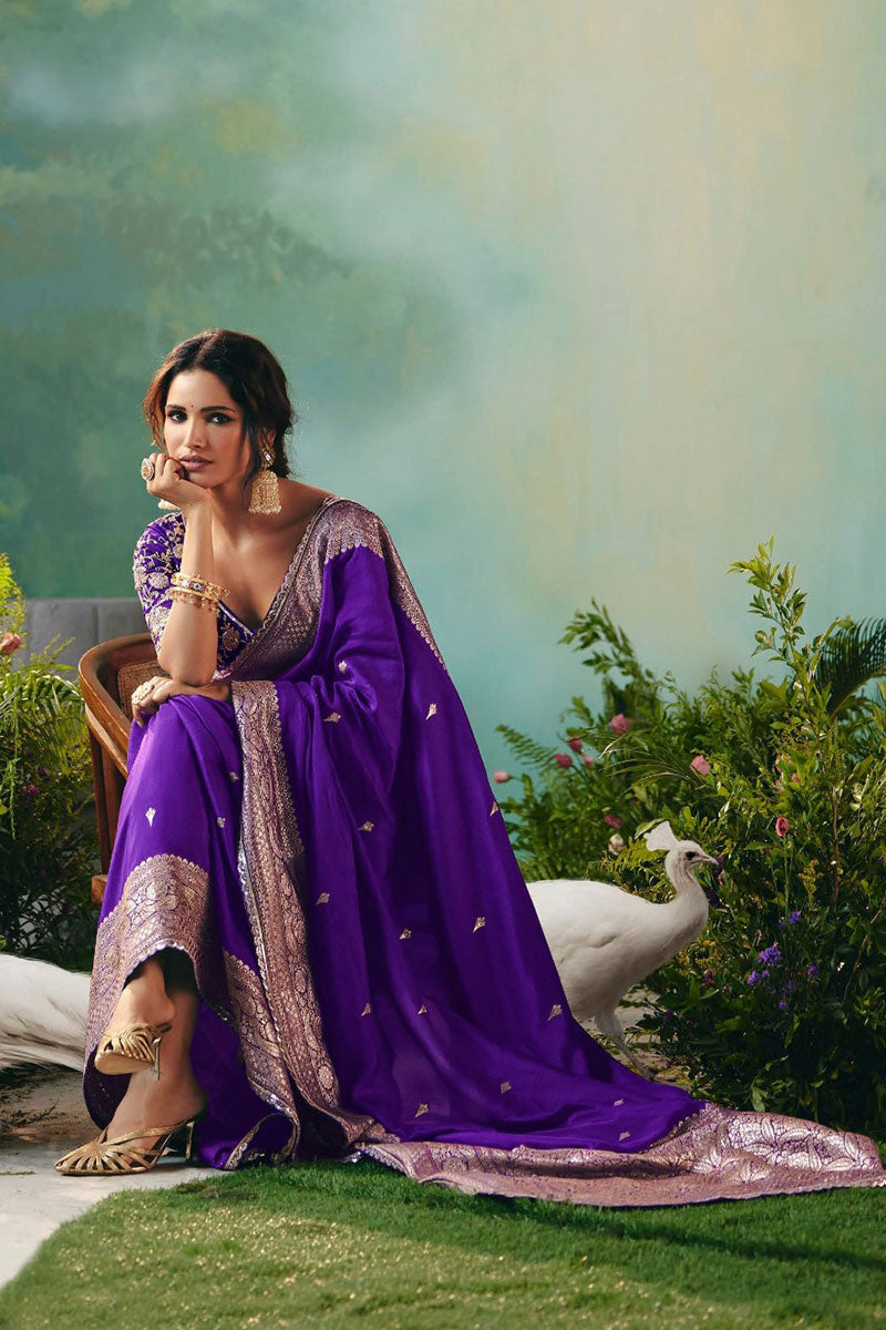 Royal Purple Silk Embroidered Saree with Zari Border RTI