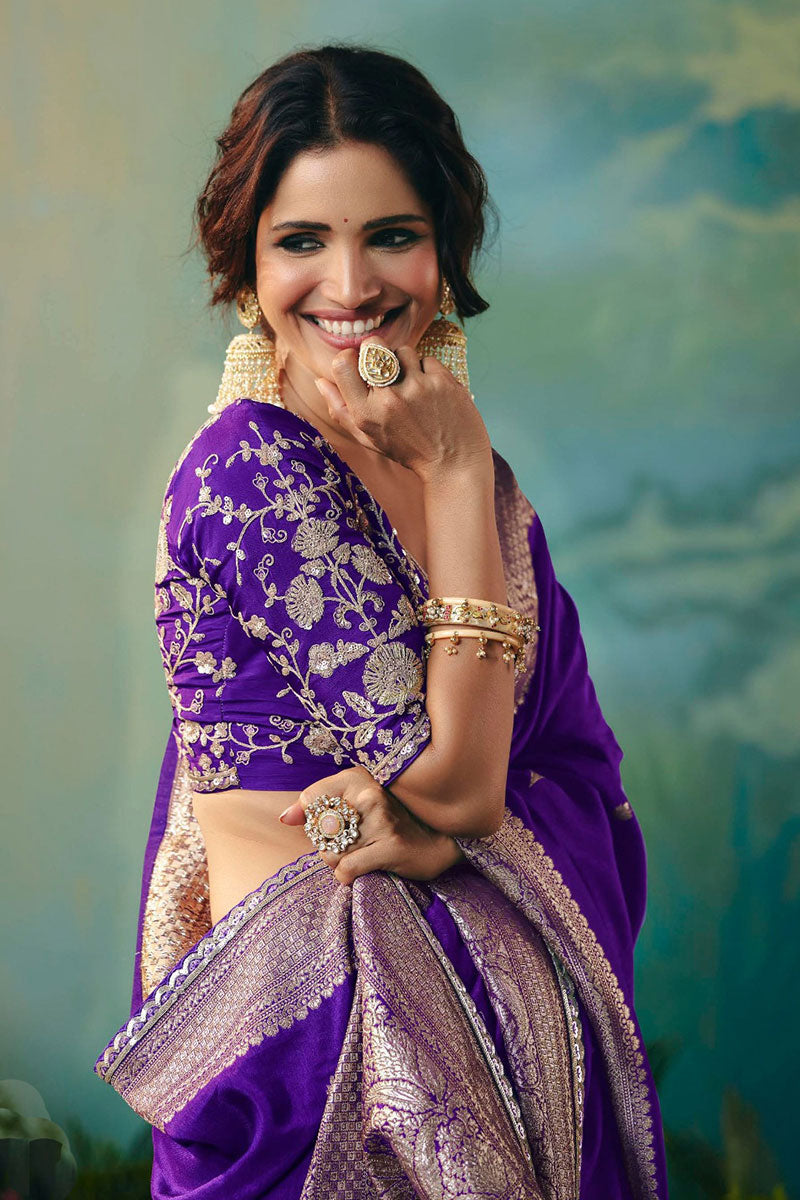 Royal Purple Silk Embroidered Saree with Zari Border RTI