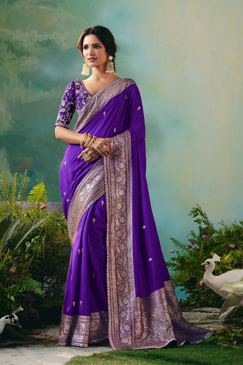 Royal Purple Silk Embroidered Saree with Zari Border RTI