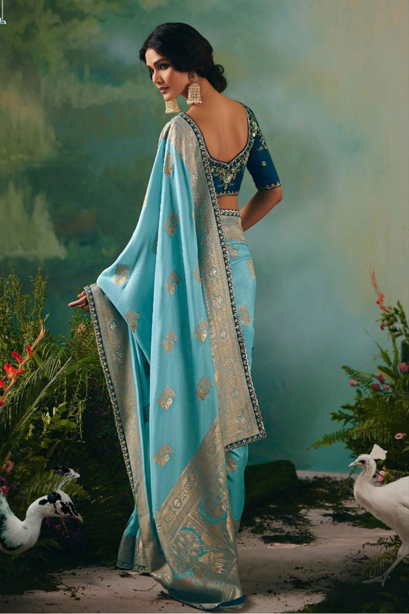 Luxury Royal Sky Blue Embroidered Silk Saree for Weddings RTI