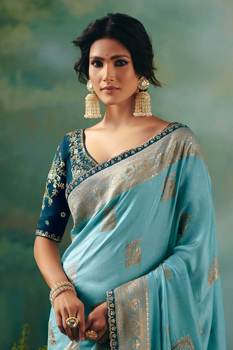 Luxury Royal Sky Blue Embroidered Silk Saree for Weddings RTI