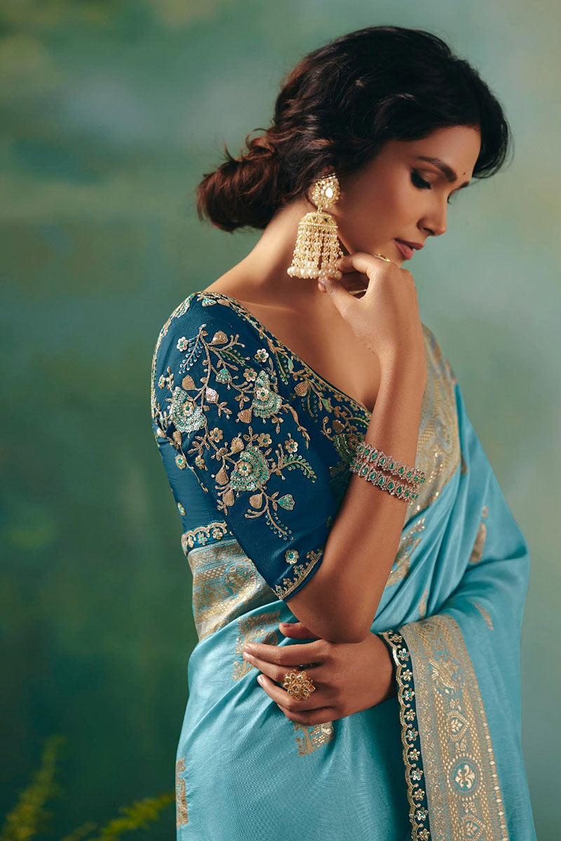 Luxury Royal Sky Blue Embroidered Silk Saree for Weddings RTI