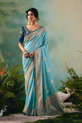 Luxury Royal Sky Blue Embroidered Silk Saree for Weddings RTI