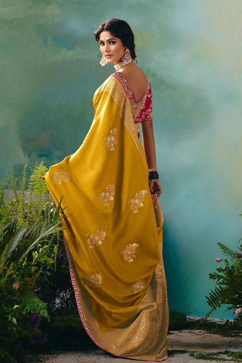 Luxury Yellow Embroidered Silk Saree for Weddings RTI