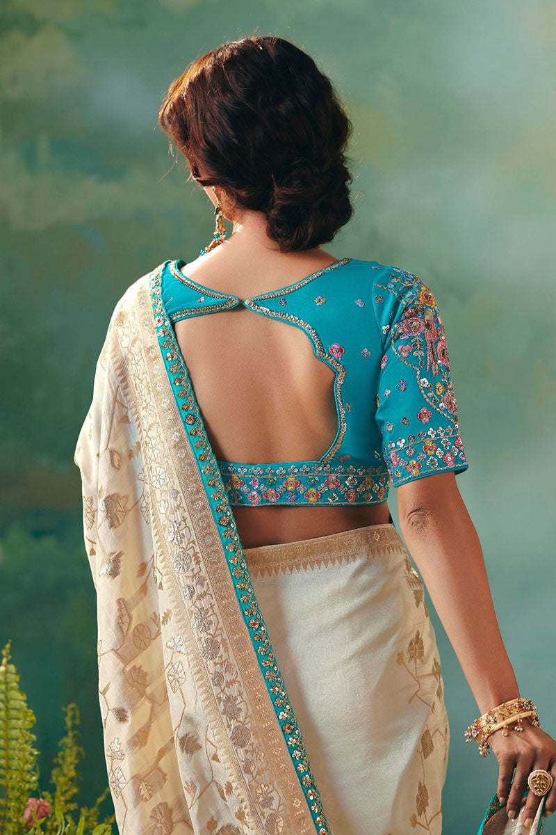Cream Silk Saree with Intricate Zari and Embroidery Work RTI