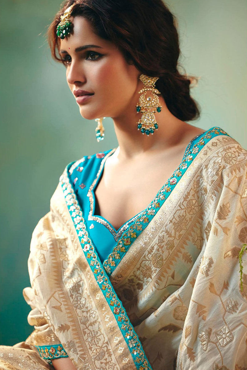 Cream Silk Saree with Intricate Zari and Embroidery Work RTI