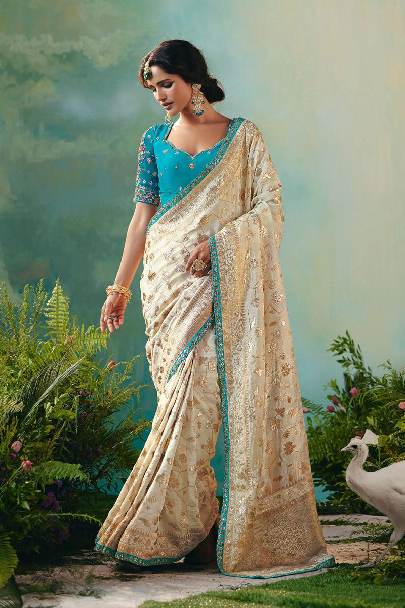 Cream Silk Saree with Intricate Zari and Embroidery Work RTI