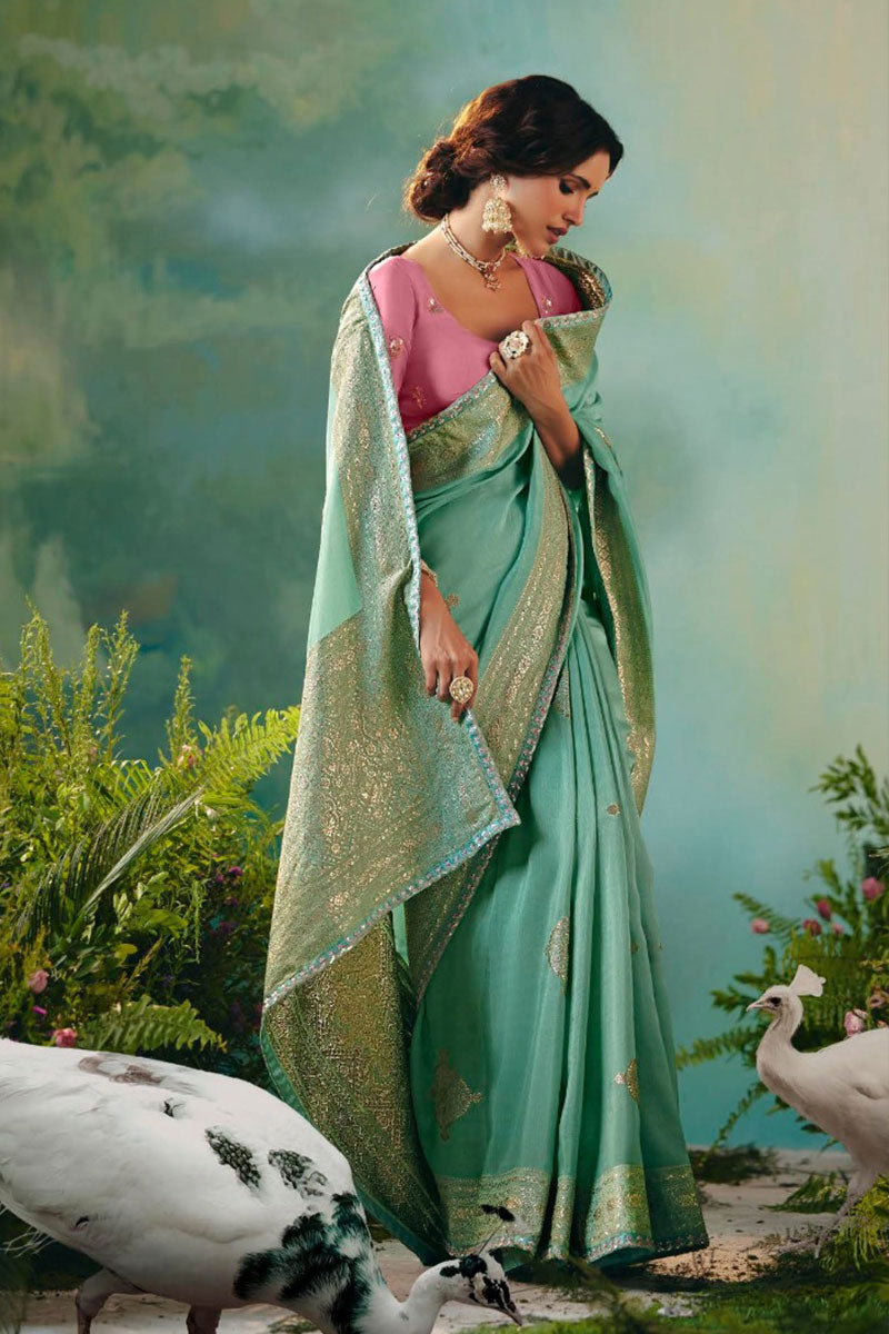 Graceful Sky Blue Silk Saree – Perfect for Wedding & Party Wear RTI