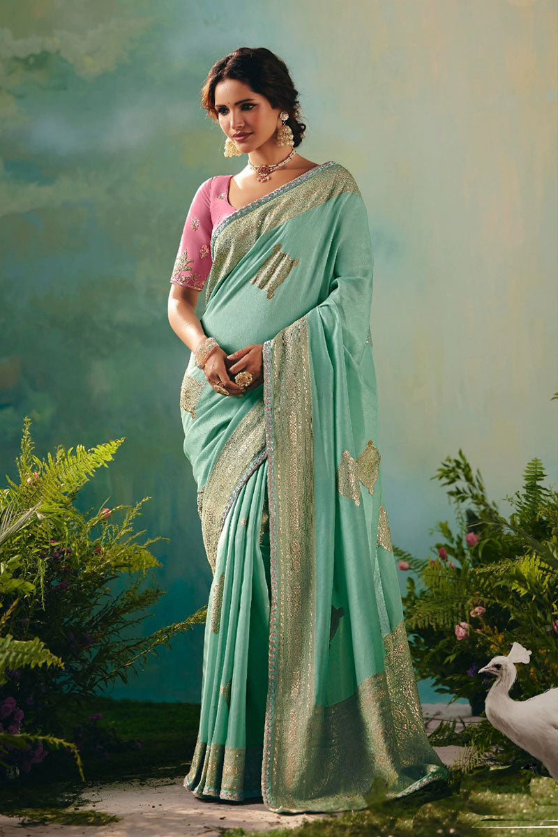 Graceful Sky Blue Silk Saree – Perfect for Wedding & Party Wear RTI