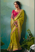 Olive Green Silk Saree with Golden Zari and Embellishments RTI