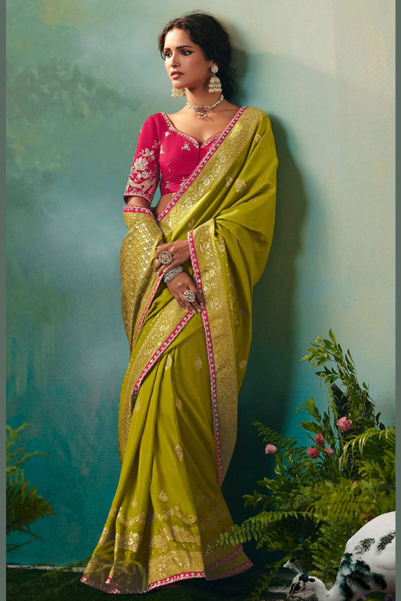 Olive Green Silk Saree with Golden Zari and Embellishments RTI