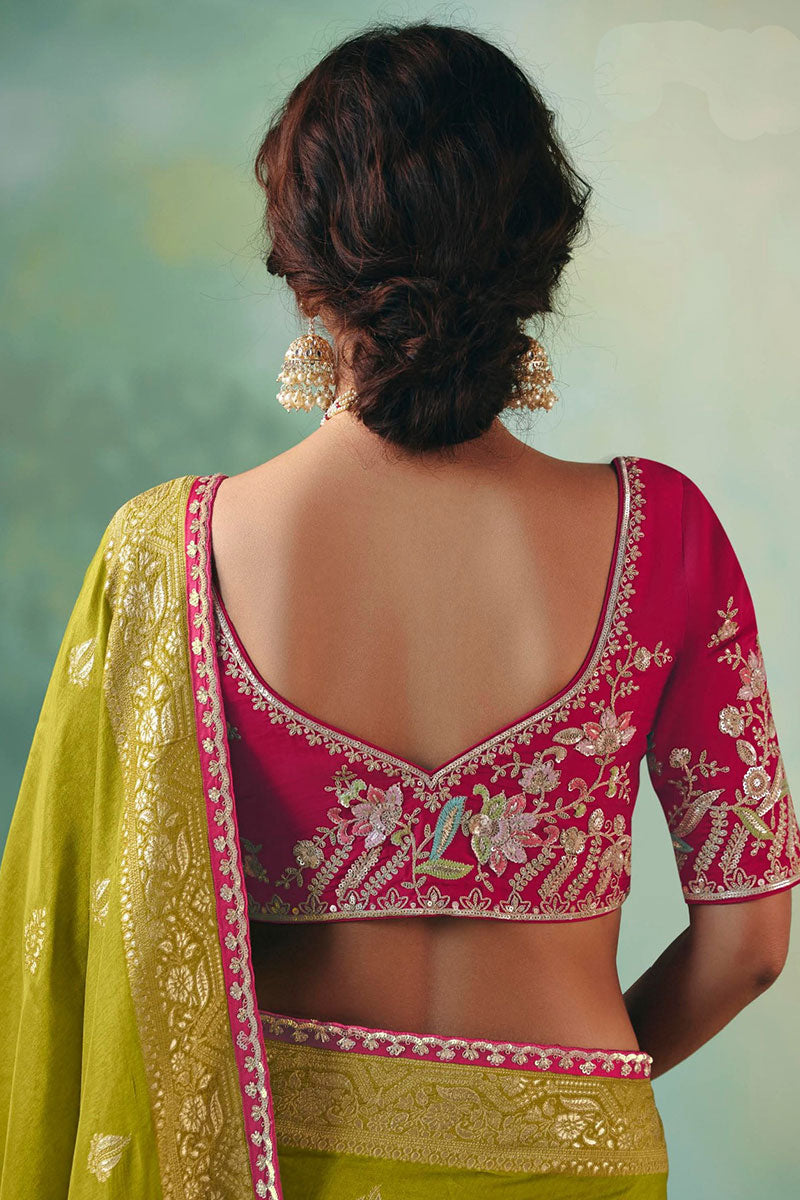 Olive Green Silk Saree with Golden Zari and Embellishments RTI