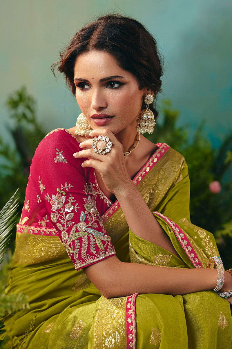 Olive Green Silk Saree with Golden Zari and Embellishments RTI