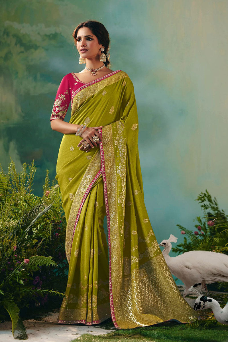 Olive Green Silk Saree with Golden Zari and Embellishments RTI