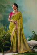 Olive Green Silk Saree with Golden Zari and Embellishments RTI