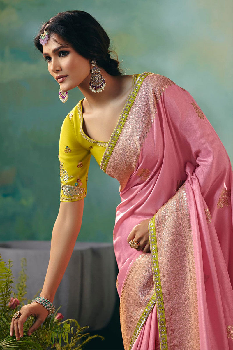 Light Pink Silk Saree with Contrast Zari Border – Bridal & Festive Look RTI