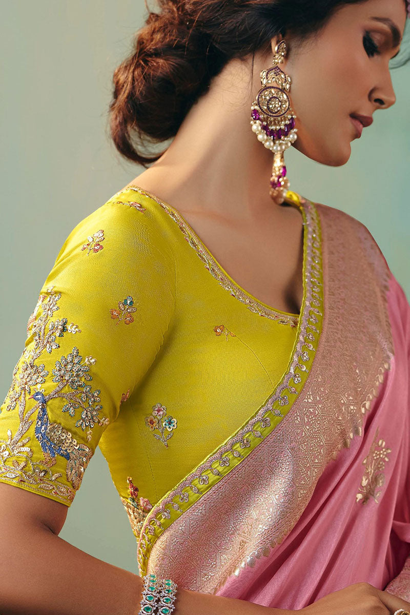 Light Pink Silk Saree with Contrast Zari Border – Bridal & Festive Look RTI