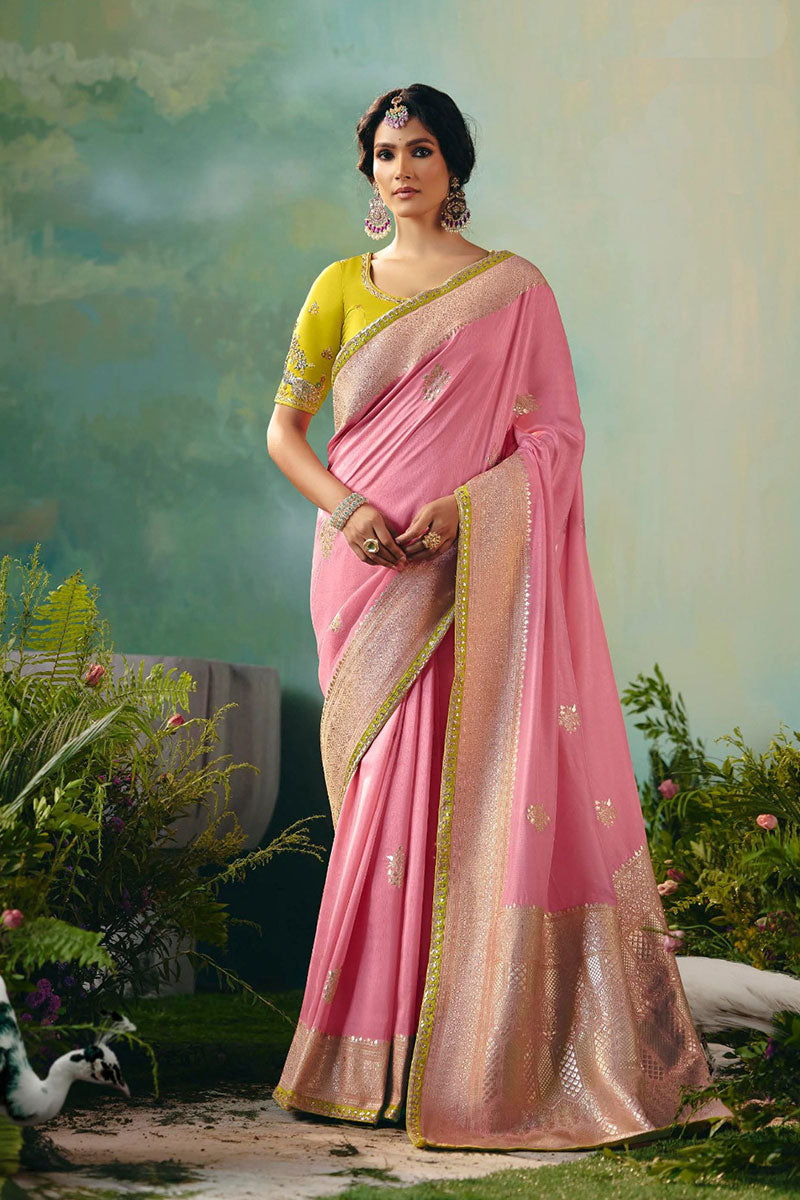 Light Pink Silk Saree with Contrast Zari Border – Bridal & Festive Look RTI