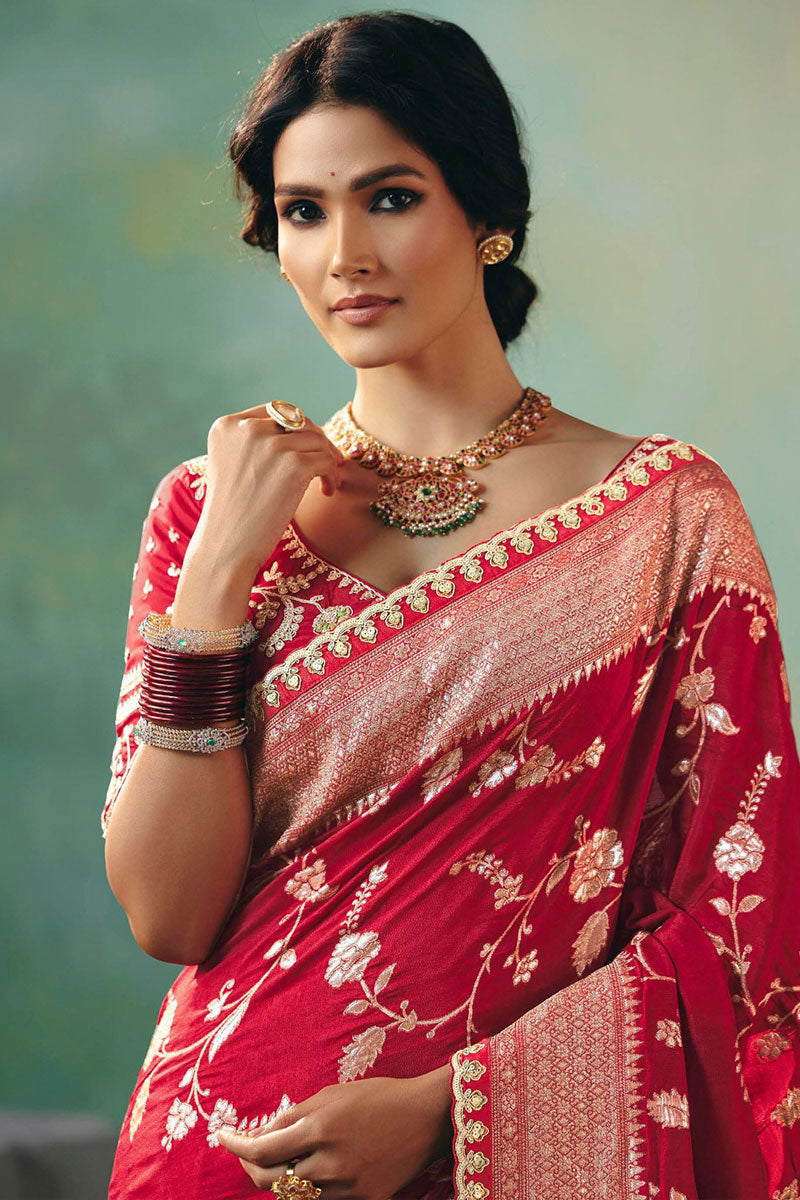 Luxury Red Embroidered Silk Saree for Weddings RTI