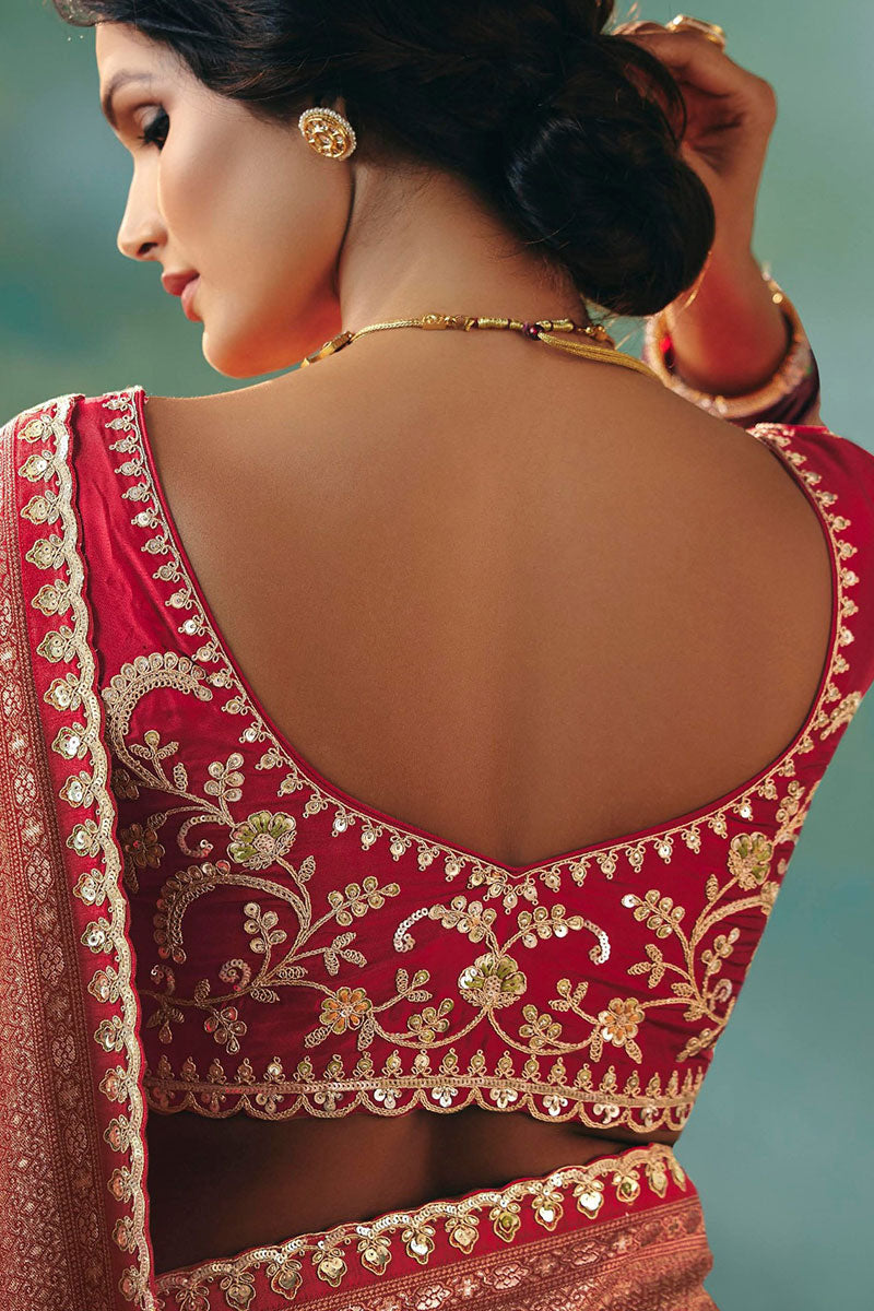 Luxury Red Embroidered Silk Saree for Weddings RTI