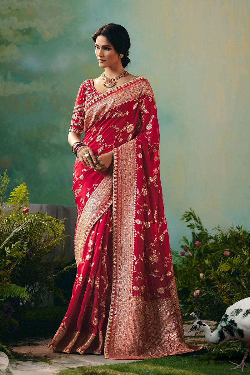 Luxury Red Embroidered Silk Saree for Weddings RTI